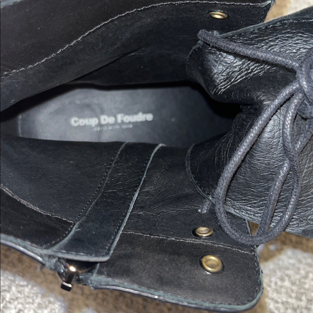 Coupe De Foundre Black Leather Lace-Up Zipper Moto Combat Boots - Picture 7 of 11